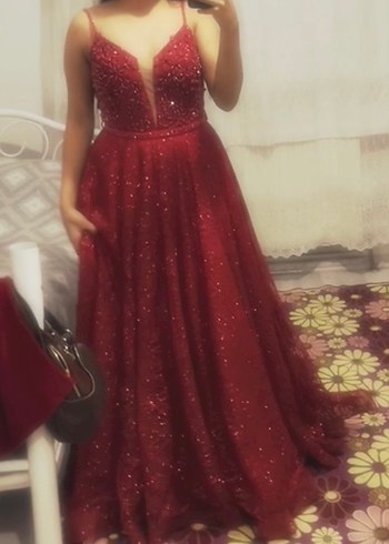 Simli Kırmızı V Yakalı İnce Askılı Abiye - Görsel 3