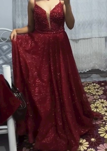 Simli Kırmızı V Yakalı İnce Askılı Abiye - Görsel 2