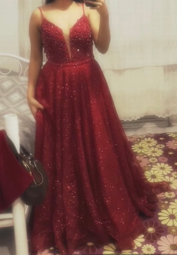 Simli Kırmızı V Yakalı İnce Askılı Abiye - Görsel 3