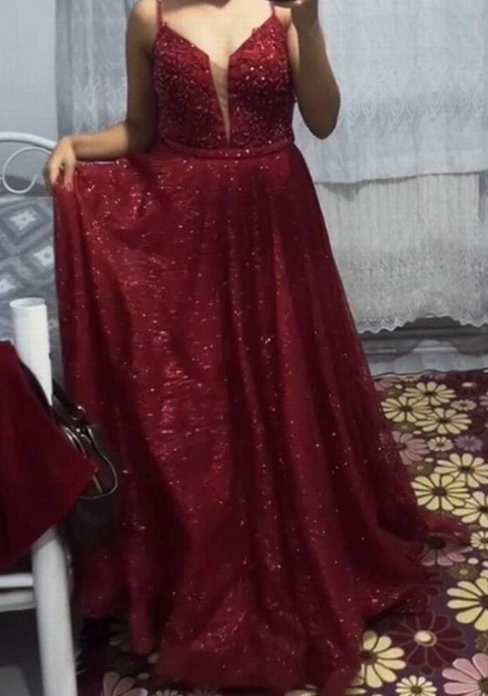 Simli Kırmızı V Yakalı İnce Askılı Abiye - Görsel 2