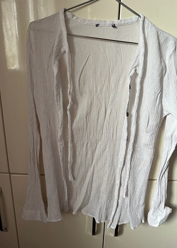Diğer Düğmeli V Yakalı Beyaz Keten Kadın Gömlek