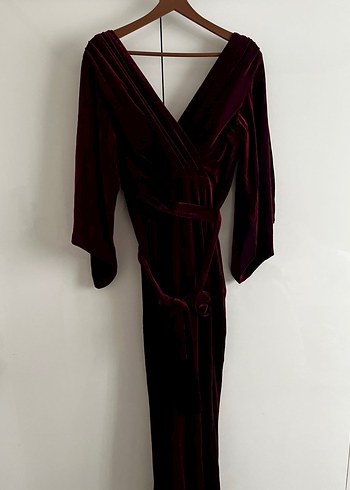 Bordo Kadın Uzun Kollu Vintage kadife Elbise - Görsel 2