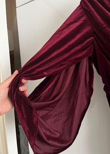 Bordo Kadın Uzun Kollu Vintage kadife Elbise - Görsel 3