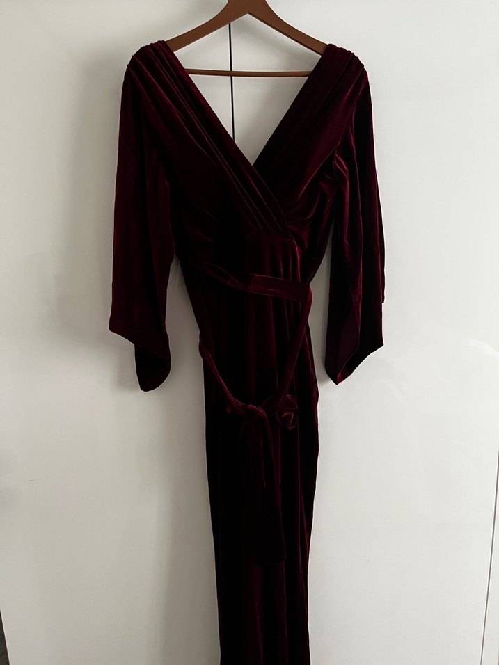 Bordo Kadın Uzun Kollu Vintage kadife Elbise - Görsel 2