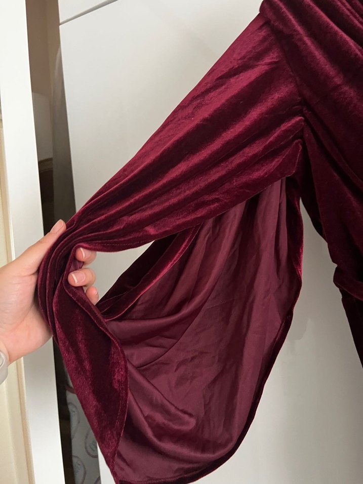 Bordo Kadın Uzun Kollu Vintage kadife Elbise - Görsel 3