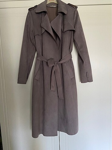 Kadife kumaş gri tranchcoat ceket - Görsel 2