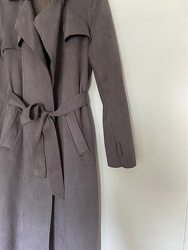 Kadife kumaş gri tranchcoat ceket - Görsel 3