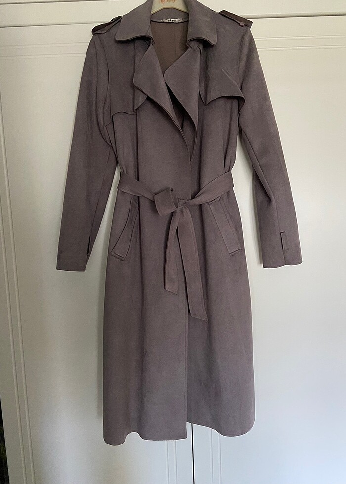 Kadife kumaş gri tranchcoat ceket - Görsel 2