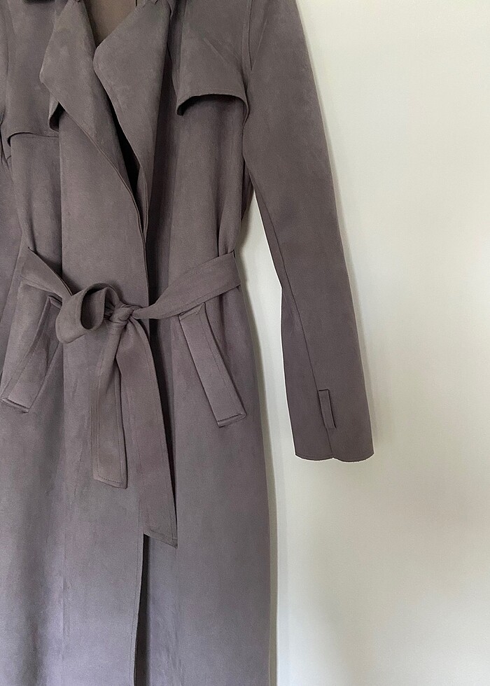 Kadife kumaş gri tranchcoat ceket - Görsel 3