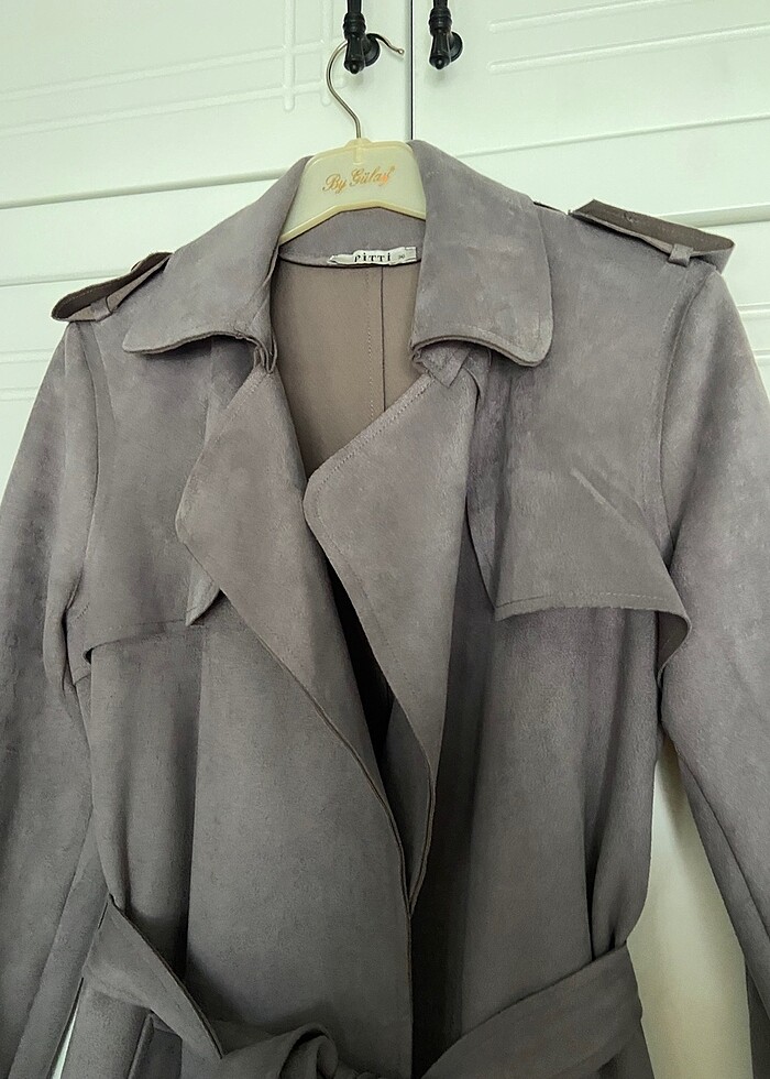 Kadife kumaş gri tranchcoat ceket - Görsel 4