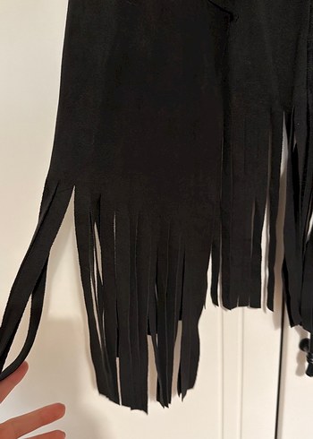 Siyah Süet Saçaklı V Yaka Gotik Yelek - Görsel 4