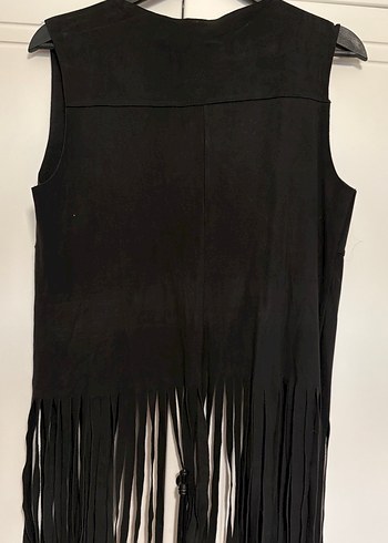 Siyah Süet Saçaklı V Yaka Gotik Yelek - Görsel 5