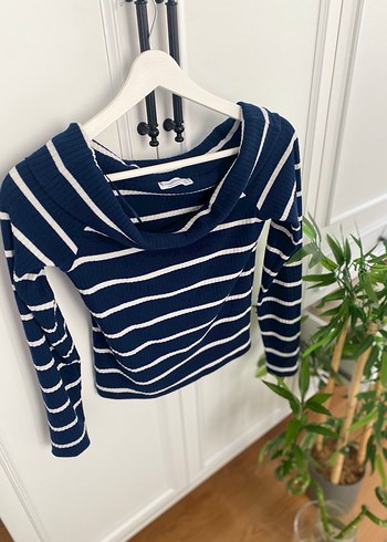 Çizgili Lacivert Triko Kadın Sweatshirt - Görsel 2