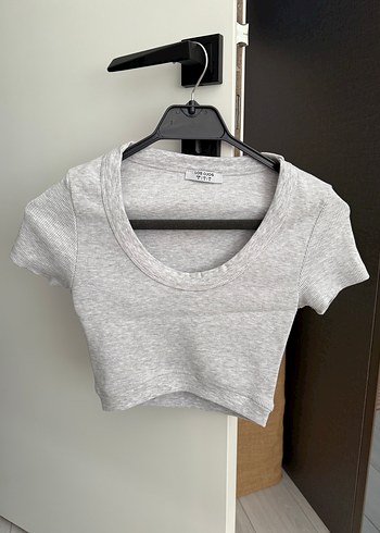 s Beden gri Renk Gri Kısa Kollu Crop Top