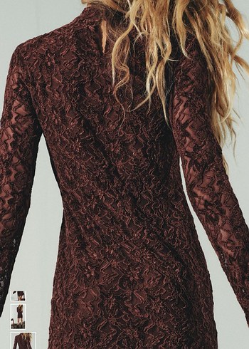 Zara şarap rengi dantelli elbise - Görsel 2