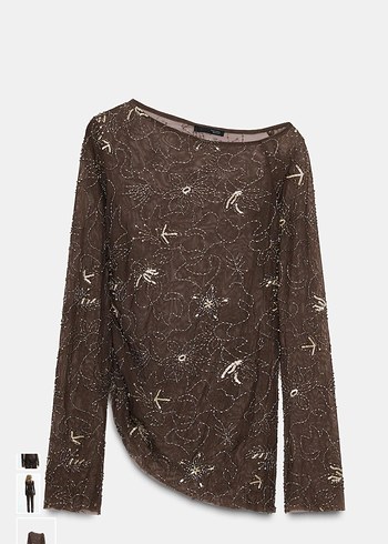 Zara Kahverengi boncuk işlemeli Uzun Kollu Bluz - Görsel 2