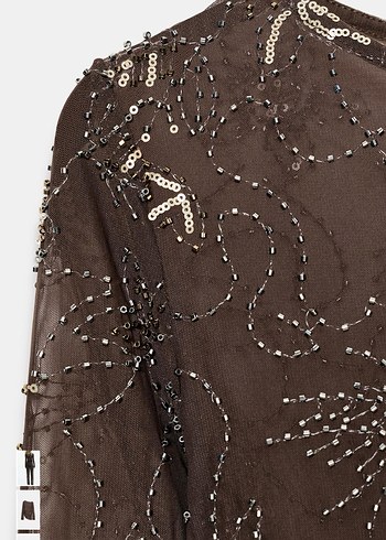 Zara Kahverengi boncuk işlemeli Uzun Kollu Bluz - Görsel 5