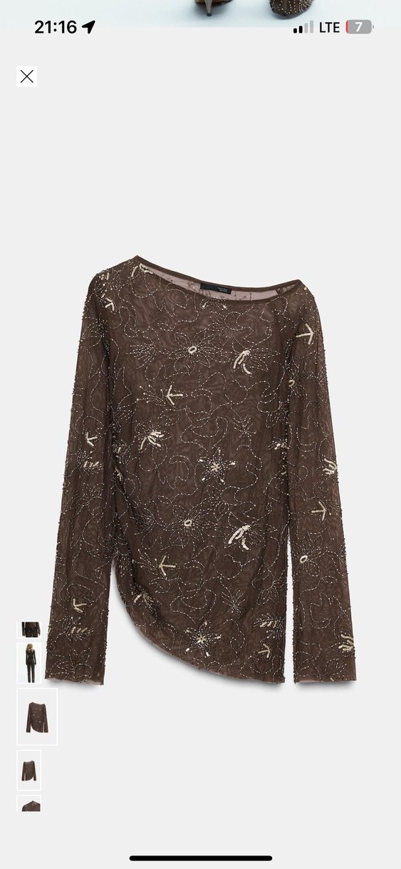 Zara Kahverengi boncuk işlemeli Uzun Kollu Bluz - Görsel 2