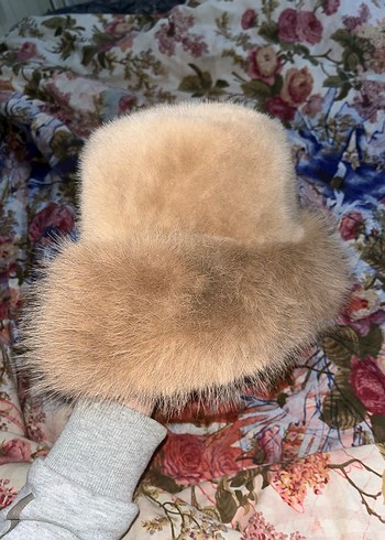 Bej Kürklü Kadın Bucket Şapka - Görsel 3