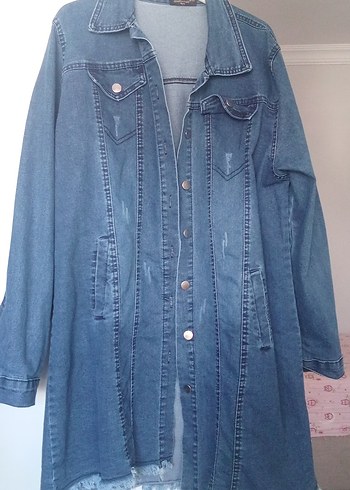 50 Beden Düğmeli Mavi Denim Midi Ceketbyan kot ceket