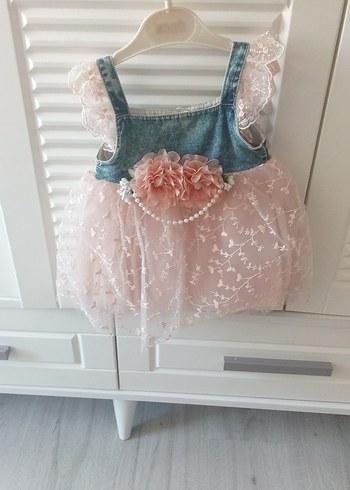 Kız Çocuk Pembe Dantelli Kot Elbise