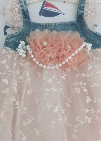 6-9 Ay Beden Kız Çocuk Pembe Dantelli Kot Elbise
