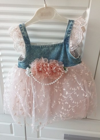 Diğer Kız Çocuk Pembe Dantelli Kot Elbise