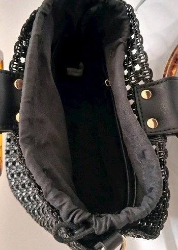 hasır model İşlemeli Siyah Deri Bohem Kadın Çanta - Görsel 2