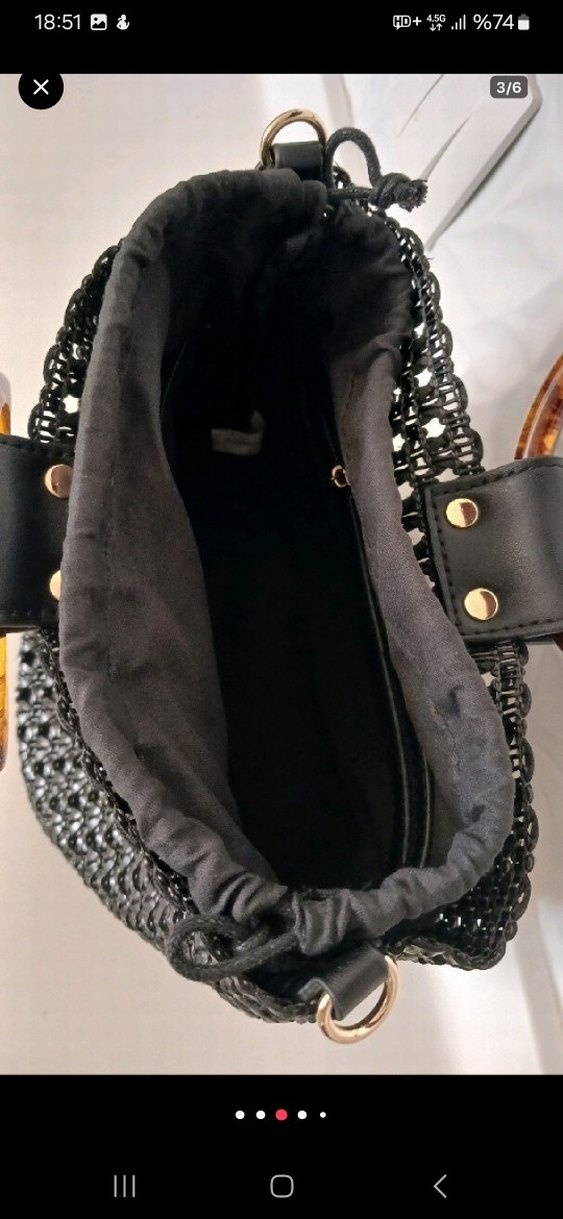 hasır model İşlemeli Siyah Deri Bohem Kadın Çanta - Görsel 2