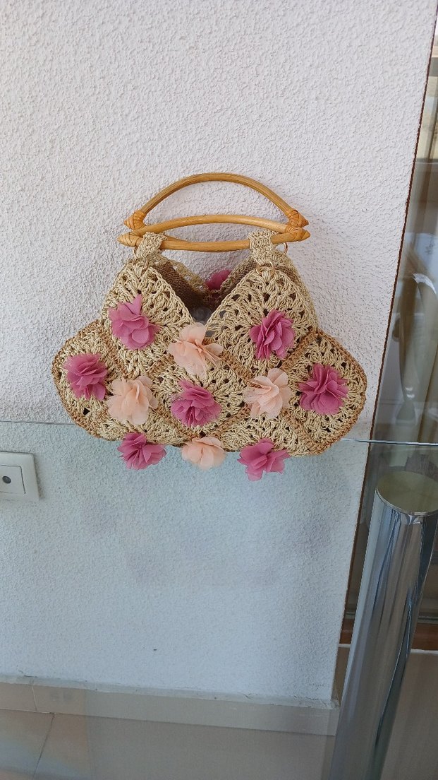 Çiçekli Bej Bohem Kadın Örgü Çanta - Görsel 5