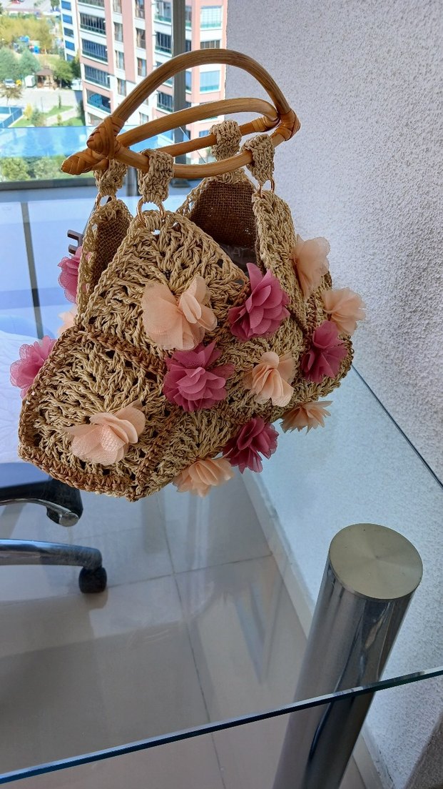 Çiçekli Bej Bohem Kadın Örgü Çanta - Görsel 2