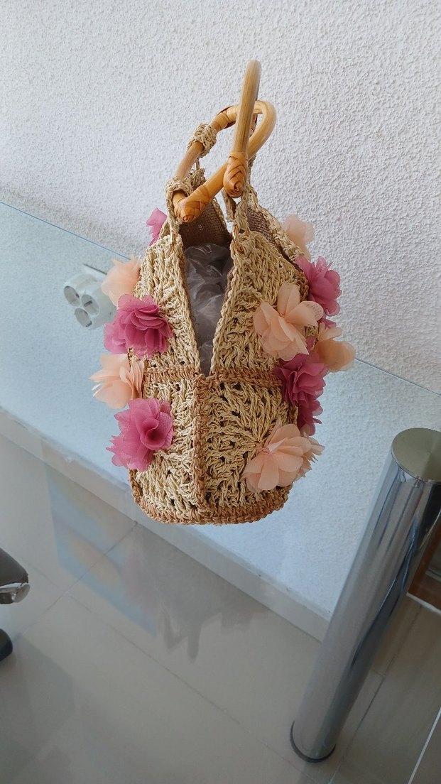 Çiçekli Bej Bohem Kadın Örgü Çanta - Görsel 3