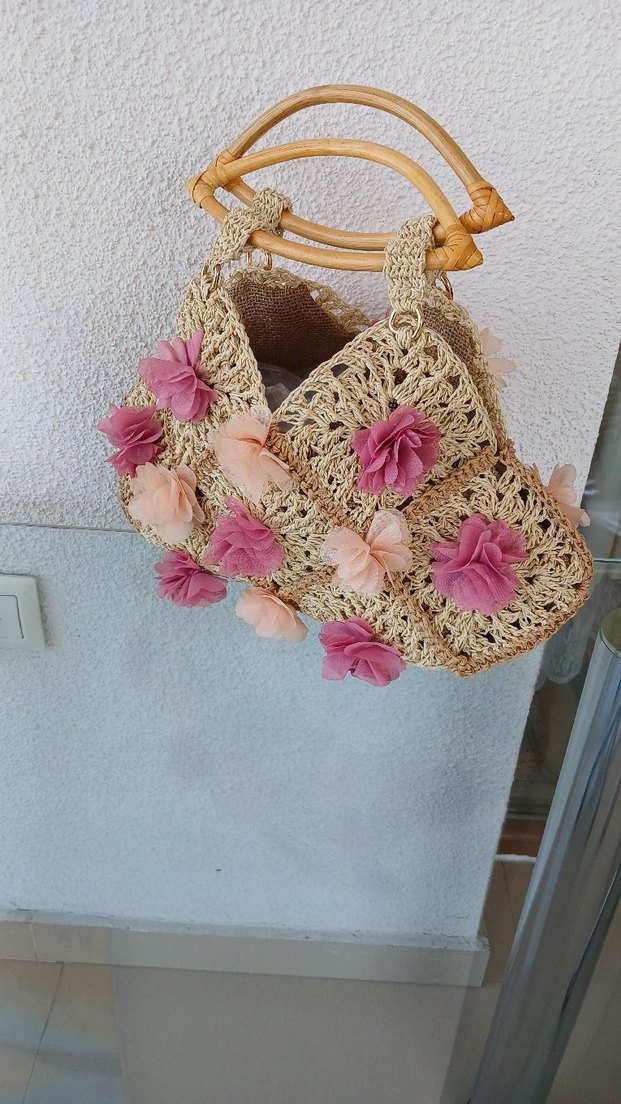 Çiçekli Bej Bohem Kadın Örgü Çanta - Görsel 4