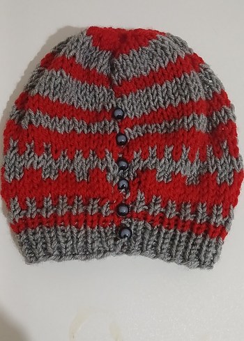 Kadın Gri Kırmızı Örgü Bere - Görsel 5