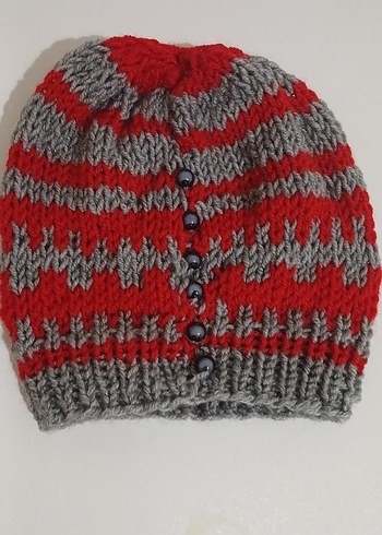 Kadın Gri Kırmızı Örgü Bere - Görsel 4