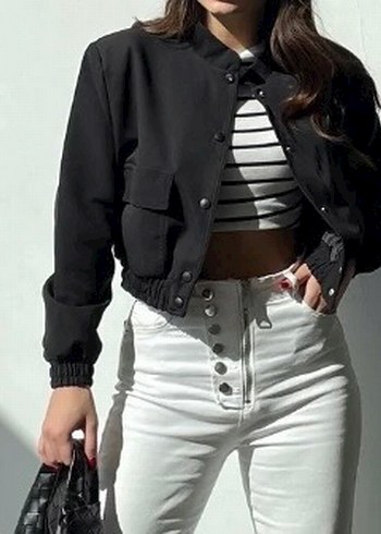 Düğmeli Siyah Mini Kadın Ceket - Görsel 2