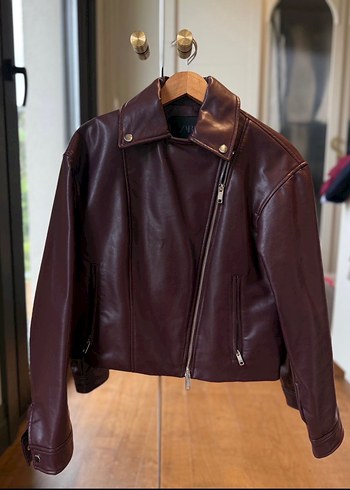 Bordo zara Kadın Deri Biker Ceket