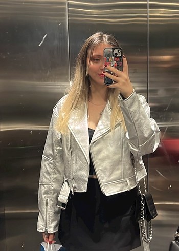 pull bear Gri Parlak Deri Ceket - Görsel 2