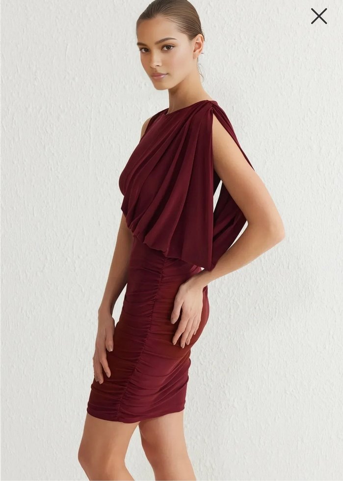 Bordo Drapeli Kısa Abiye Elbise - Görsel 2