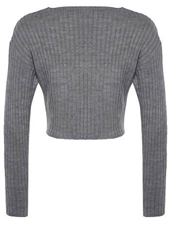 Gri V Yaka Uzun Kollu Triko Kadın Kazak - Görsel 2