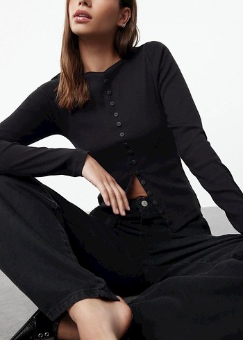 Düğmeli Siyah Uzun Kollu Kadın Bluz - Görsel 2
