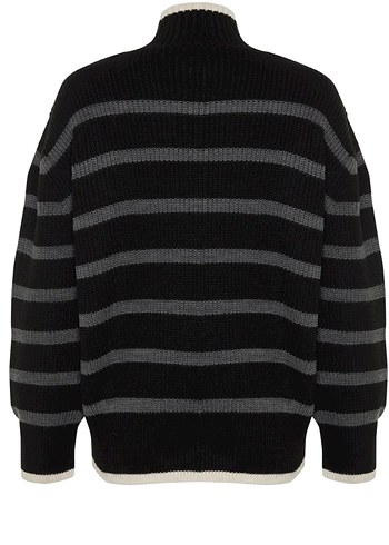 Boğazlı Çizgili Gri Kadın Triko - Görsel 7