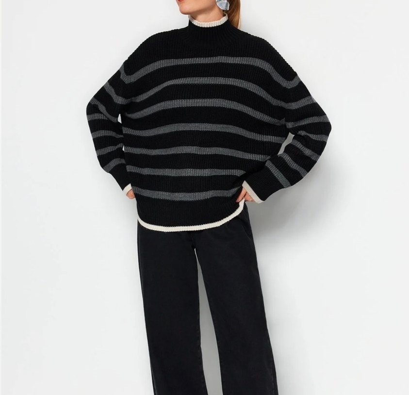 Boğazlı Çizgili Gri Kadın Triko - Görsel 2