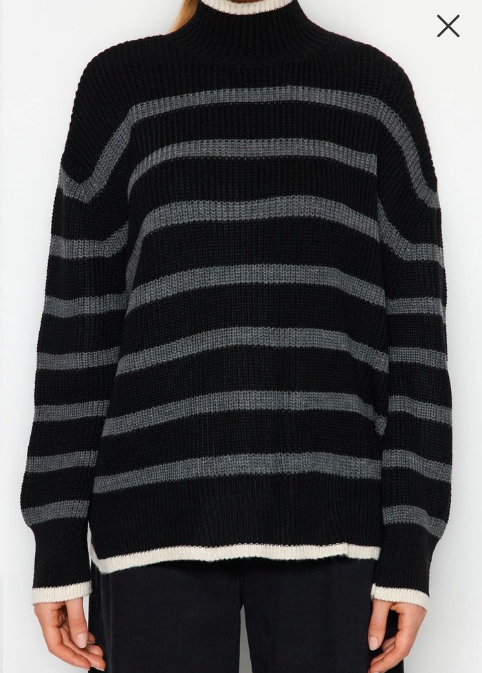 Boğazlı Çizgili Gri Kadın Triko - Görsel 4