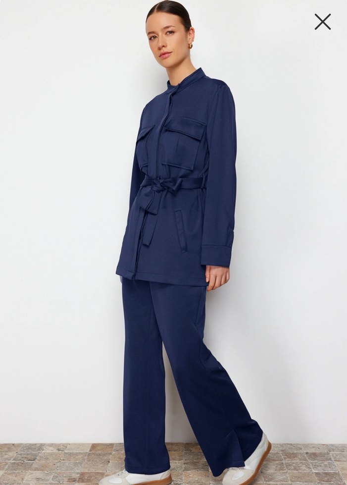 Kadın Lacivert Kemerli Uzun Takım - Görsel 3