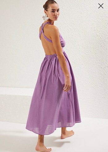 Mor Uzun Askılı Drapeli Kadın Elbise - Görsel 8