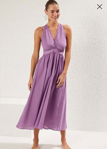 Mor Uzun Askılı Drapeli Kadın Elbise - Görsel 7