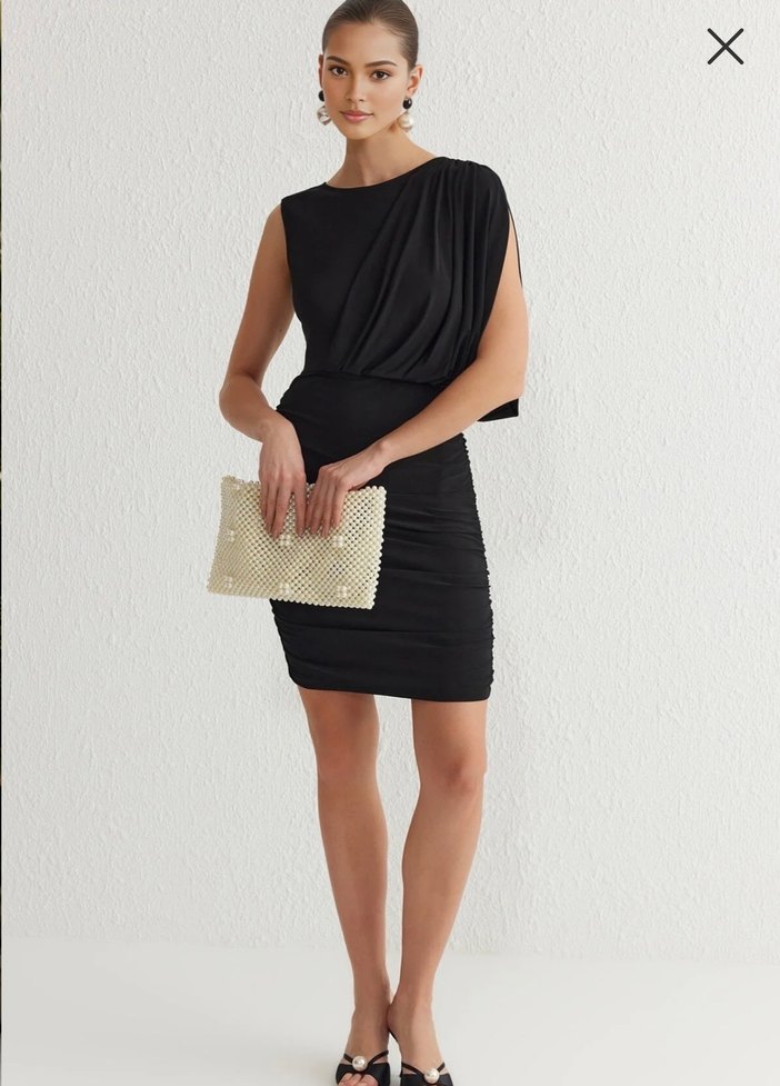 Siyah Drapeli Mini Kadın Elbise - Görsel 2