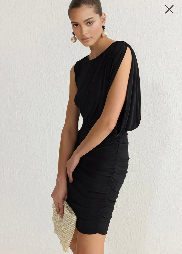 Siyah Drapeli Mini Kadın Elbise - Görsel 3
