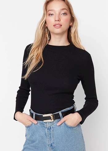 Siyah Uzun Kollu Dar Kesim Kadın cırtcırtlı Bluz - Görsel 2